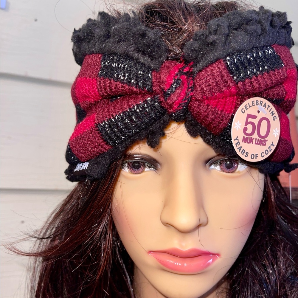 MUK LUKS Buffalo Plaid Reversible Headband in Dark Red/Black with Faux Fur - Picture 6 of 16
